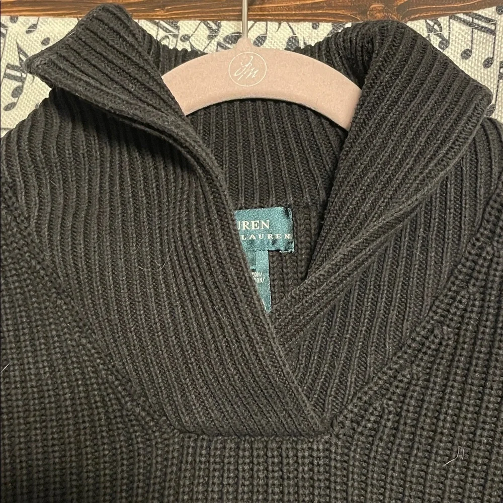 Lauren Ralph Lauren Black Shawl Collar Stiff Ribbed Knit Pullover Sweater